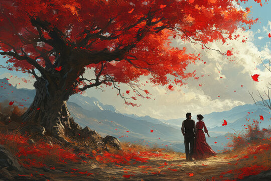 Silhouette of young couple in love under giant tree with red heart-shaped leaves. Man and woman hugging together under a large old tree. Celebrating Valentine's Day.