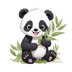 Cartoon Charm Sweet Baby Panda Enjoying Bamboo Feast on Simple White Background