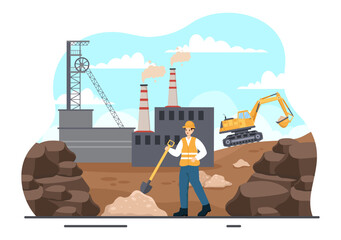 Mining Company Vector Illustration with Heavy Yellow Dumper Trucks for Sand Mine Industrial Process or Transportation in Flat Cartoon Background © denayune