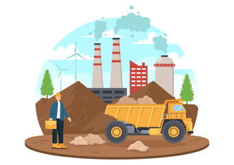 Mining Company Vector Illustration with Heavy Yellow Dumper Trucks for Sand Mine Industrial Process or Transportation in Flat Cartoon Background © denayune