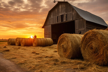 making hay for the stables, ranch at sunset.