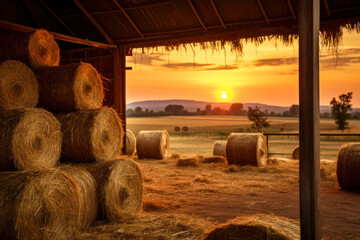 making hay for the stables, ranch at sunset.