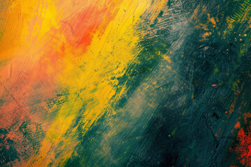 dynamic and textured abstract painting with strong contrasts, featuring bold yellow and orange hues against a dark, shadowy green and black background.