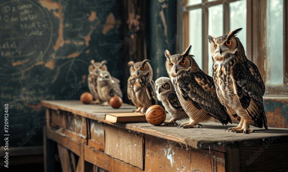 Poster a group of adorable owls attentively studying in a classroom setting with a chalkboard in the backgr