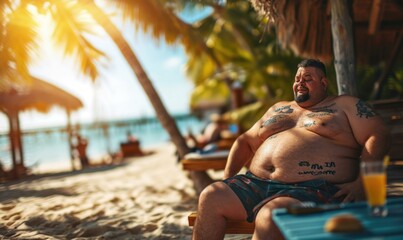 A fat man with a tattoo enjoying the beach. Generative AI.