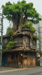 A majestic tree stands atop a Japanese building, blending nature and architecture. Generative AI.