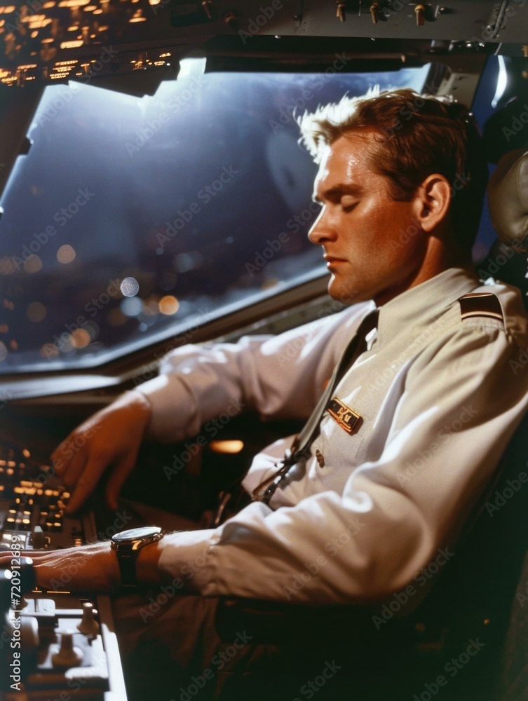Poster a pilot taking a nap in a cockpit. generative ai.