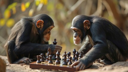 Two chimpanzees playing chess. Generative AI.