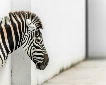 A zebra artist painting black and white stripes on a plain white wall. Generative AI.