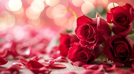 A bouquet of red roses rests amidst scattered petals, backlit by a soft, bokeh light effect