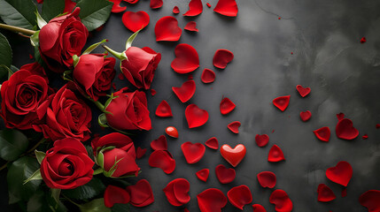 Vibrant red roses, petals, and heart shapes, elegantly displayed on a dark backdrop
