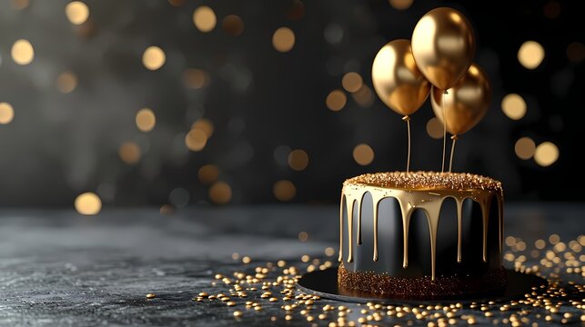 luxury birthday cake banner with balloon, party celebration or  festival poster with copy space, gold and black theme color
