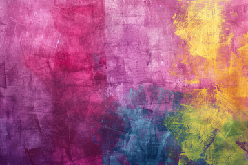 Fototapeta na wymiar vibrant abstract painting with a fusion of pink, yellow, and blue hues, featuring rough textures and dynamic brushstrokes across the canvas.