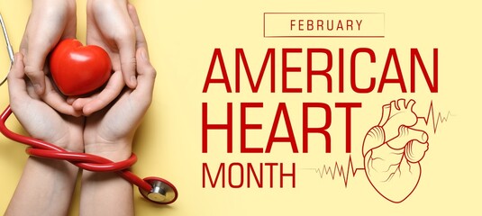 Awareness banner for American Heart Month with human hands holding red heart