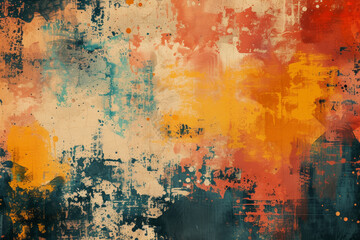 Obraz premium Vivid abstract painting with splashes of orange, red, and blue over a textured background.