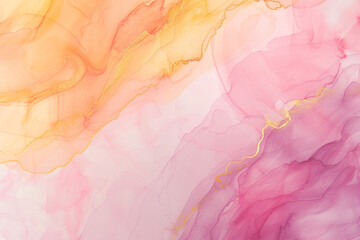 Fototapeta na wymiar Soft hues of pink and yellow merge with delicate golden veins in this ethereal watercolor art, reminiscent of gentle waves or soft marble.