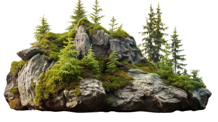 Cutout rock surrounded by fir trees. Garden design isolated on transparent and white background.PNG image.