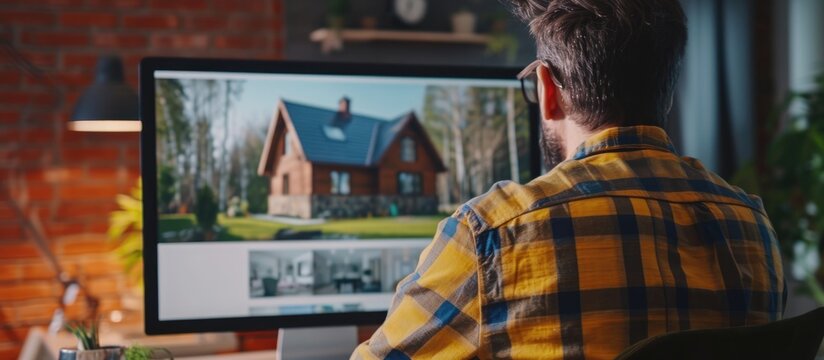 Office worker viewing rural house on computer screen in a property portfolio.