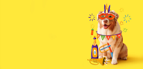 Cute Australian Shepherd dog with carnival disguise and decor on yellow background with space for text. Purim celebration