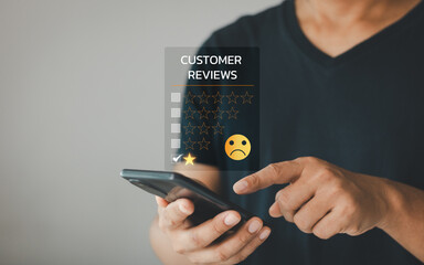 Dissatisfied customer experience concept, unhappy businessman client with a sad emotion face on...