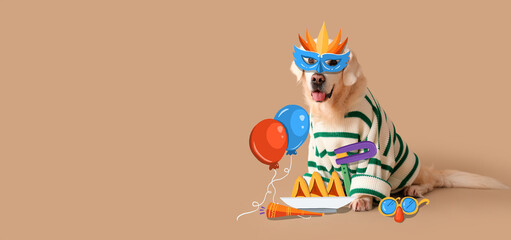 Cute golden retriever with carnival disguise and decor on beige background with space for text. Purim celebration
