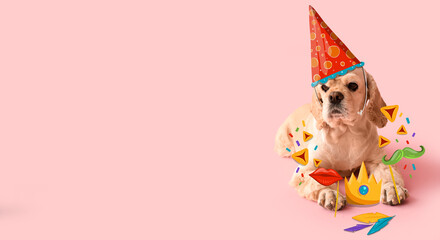 Cute Cocker Spaniel with carnival disguise and decor on pink background with space for text. Purim celebration