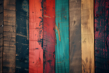 Stained colorful wooden planks aligned vertically.