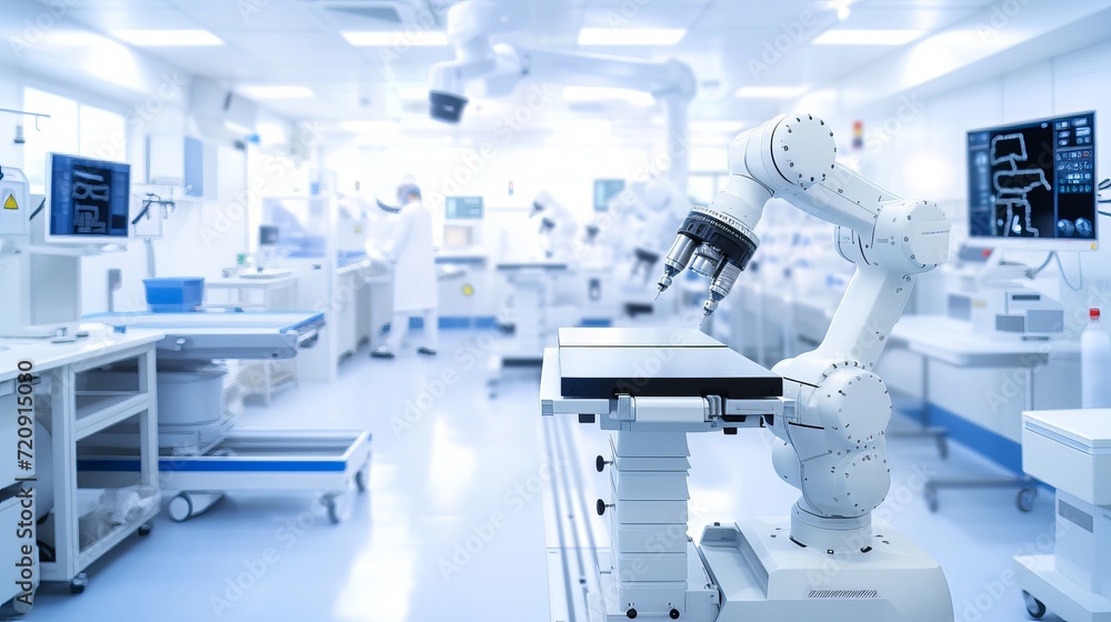 Poster robotic arm in modern production line with blurred background and copy space for machine learning