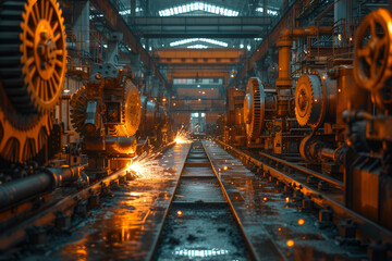 Fototapeta na wymiar A dynamic factory interior with intricate machinery and gears, accompanied by flying sparks and rows of workers. Created with generative AI.