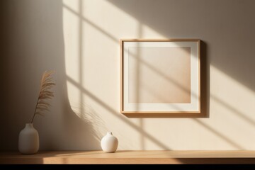 A4 blank frame on light beige wall in ultra minimalsitic living room