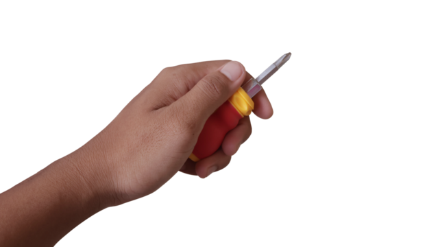 Hand holding screwdriver isolated on transparent background