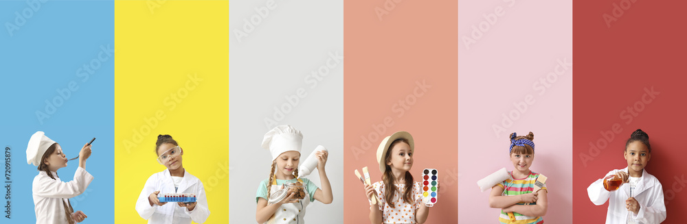 Sticker set of little girls in uniforms of different professions on color background