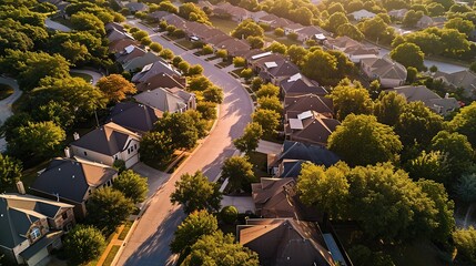 Aerial view of suburban neighborhood in suburbs Dallas, Texas, USA, Aerial view of a cul-de-sac at...