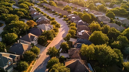 Poster Aerial view of suburban neighborhood in suburbs Dallas, Texas, USA, Aerial view of a cul-de-sac at a neighborhood road dead end with built homes. © Naknakhone