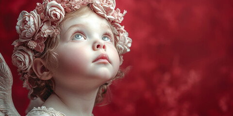 Fototapeta premium Banner Child angel with rose headband gazing upward on red AI Generative