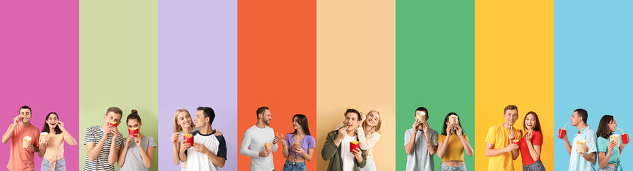 Collage with many couples eating french fries
