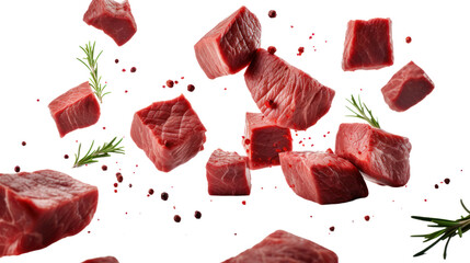 Falling diced beef meet, cubes of raw beef with rosemary isolated on transparent and white background.PNG image.