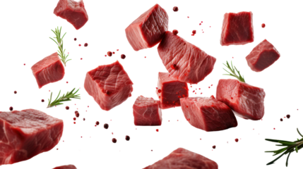 Falling diced beef meet, cubes of raw beef with rosemary isolated on transparent and white background.PNG image.