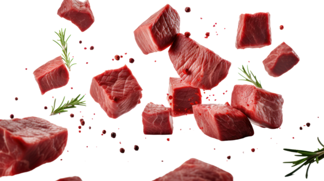 Falling diced beef meet, cubes of raw beef with rosemary isolated on transparent and white background.PNG image.
