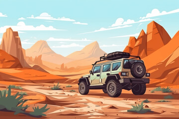 Off-Road Adventures: Conquering Nature's Wild Terrain in a Red Jeep Wrangler with Adventure Enthusiasts, against a Fiery Desert Skyline - obrazy, fototapety, plakaty