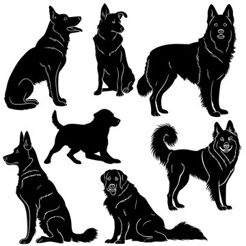 set of dogs silhouettes on white background