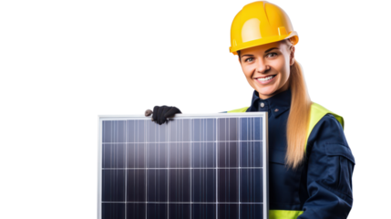 Female engineer holding a solar panel isolated on transparent and white background.PNG image.	
