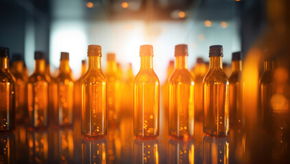 Colorful Bottles on Transparent Glass Background: Industrial Beverage Production Factory