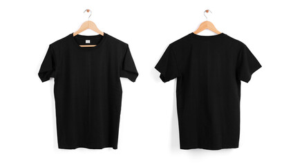 Mockup blank black T-shirt hanger isolated on white background.