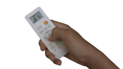 Hand holding air conditioner remote isolated on transparent background
