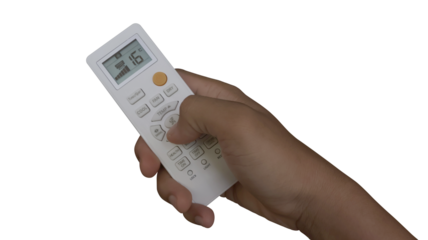 Hand holding air conditioner remote isolated on transparent background