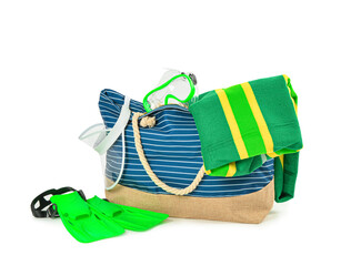 Set of beach accessories isolated on white background