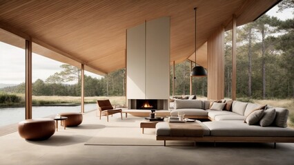 modern glass living room with fireplace and beautiful view at the camp house