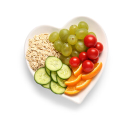 Plate with fresh healthy products on white background. Diet concept