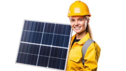 Female engineer holding a solar panel isolated on transparent and white background.PNG image.	

